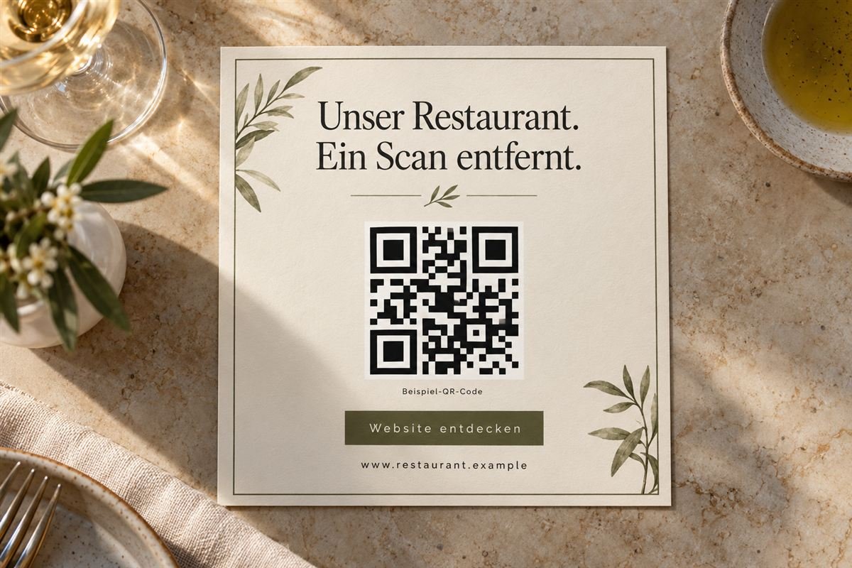 Quadratische Karte mit großem QR-Code und der Zeile „Unser Restaurant. Ein Scan entfernt.“
