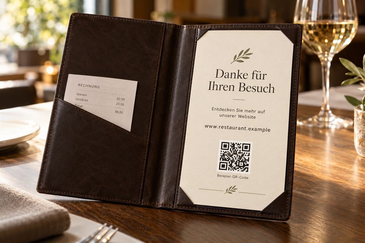 Aufgeklappte Rechnungsmappe aus Leder mit einem Einleger „Danke für Ihren Besuch“ und einem QR-Code zur Website
