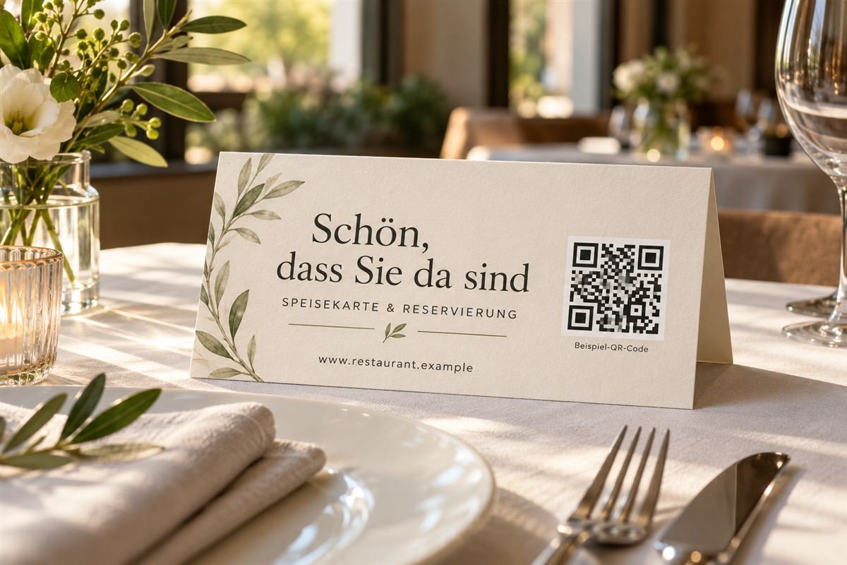 Tischkärtchen auf einem gedeckten Tisch mit dem Gruß „Schön, dass Sie da sind“ und einem QR-Code zu Speisekarte und Reservierung